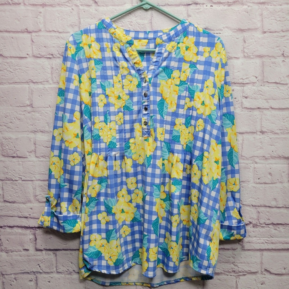 Kim Rogers Retro Floral Button Blouse Womens XL Gingham Cottagecore Coastal